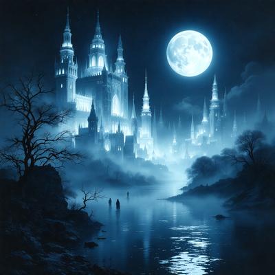 The primary subject of the image is a castle, which is the main object, scene, or focus of the image. The setting/background features a body of water, with a moon visible in the sky. The visual style of the image is digital art, as it is a well-crafted and detailed illustration. The colors and mood of the image are predominantly dark and moody, with the castle and the moon creating a dramatic and atmospheric scene.